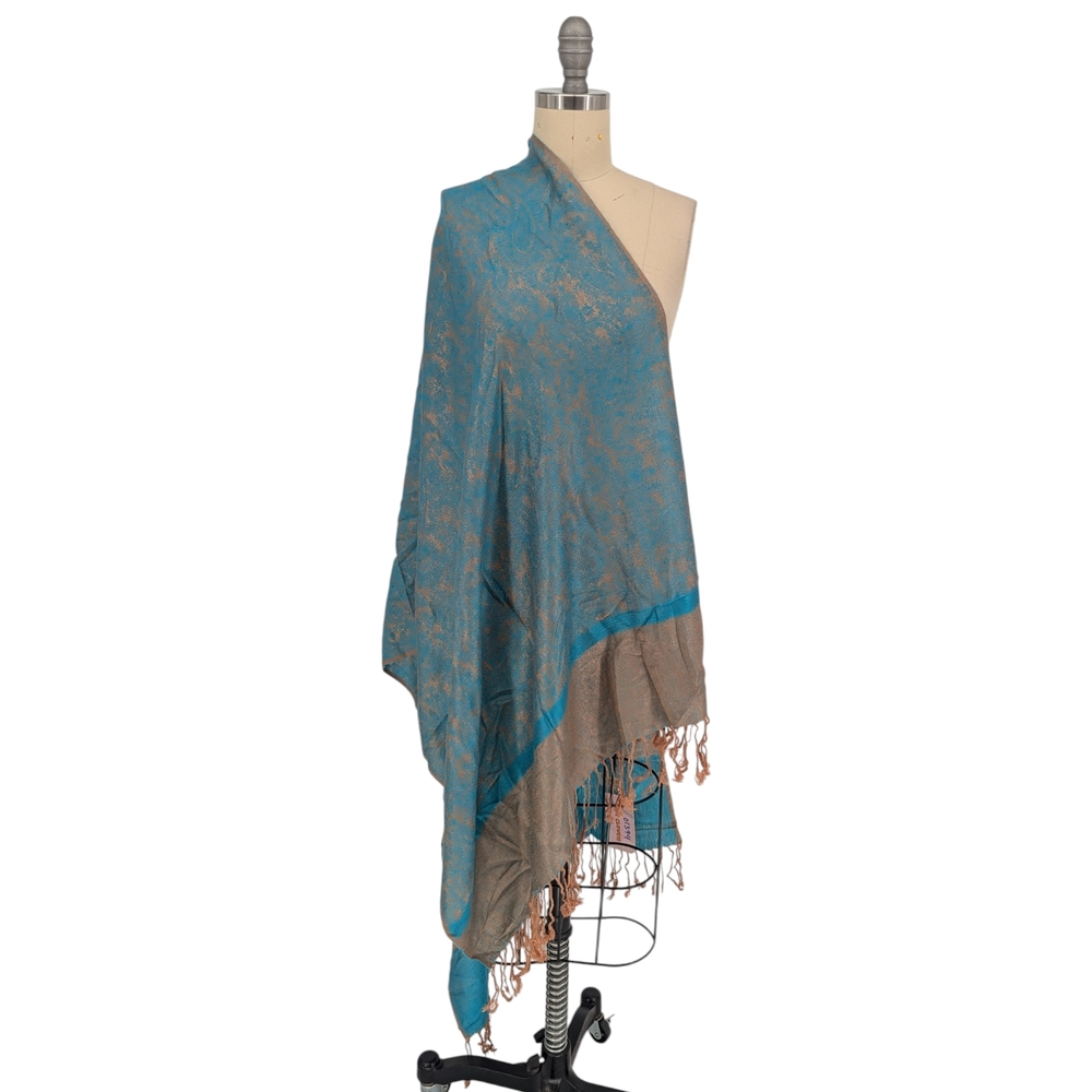 01394 Pashmina Silk Paisley Scarf Blue Tan spring fall classic luxury bohemian